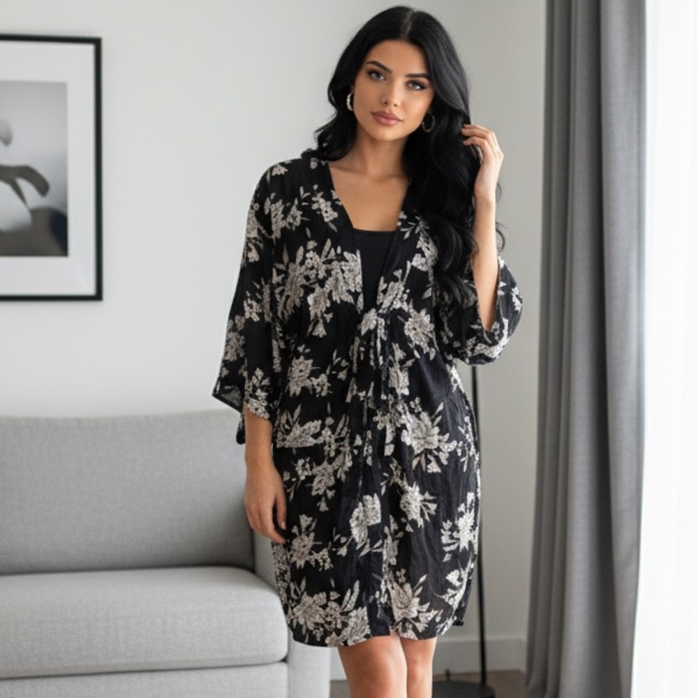 Spiritual Gangster Black Floral Kimono Open Front Cardigan Boho Cover Up